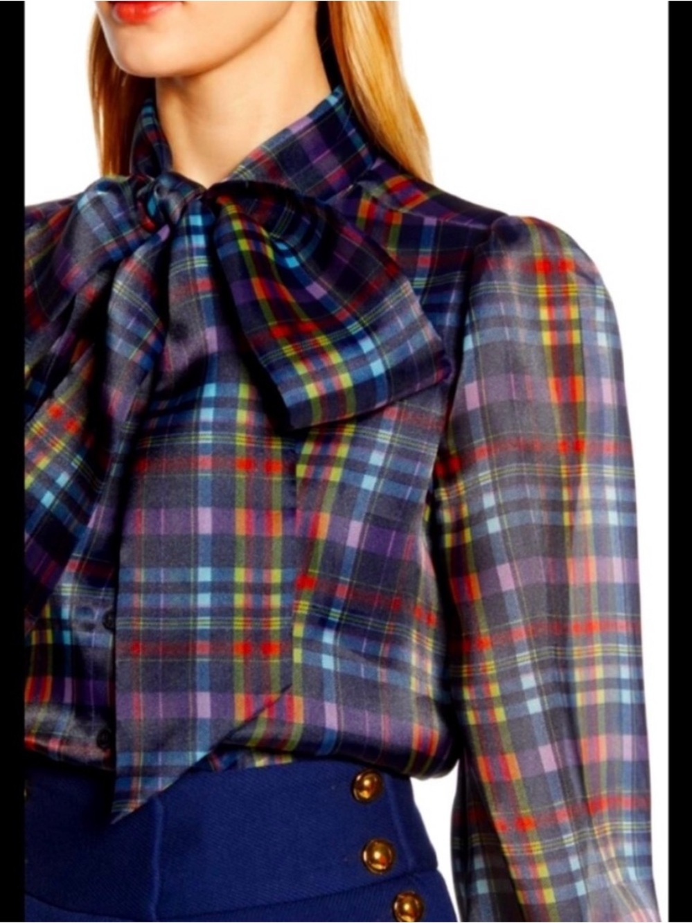 Halogen x Atlantic pacific Multicolor Plaid Bow Blouse